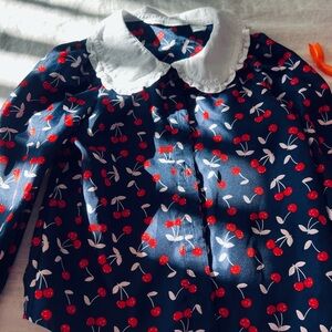 Janie and Jack Blue Cherry Print  girls Top with White Collar for 3 years